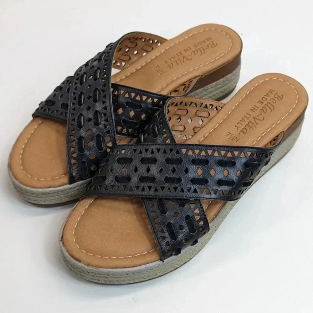 New Bella Vita Exa-Italy Wedge Sandal, Black Leather Size 7.5
